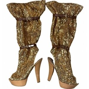 Louis Vuitton Gold Sequins Peep Toe Platform Knee Boots Size 41
